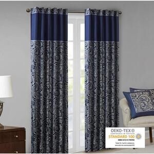 Madison Park Navy Jacquard Paisley Curtain 50”x 84” Aubrey Faux Silk Rod Pocket